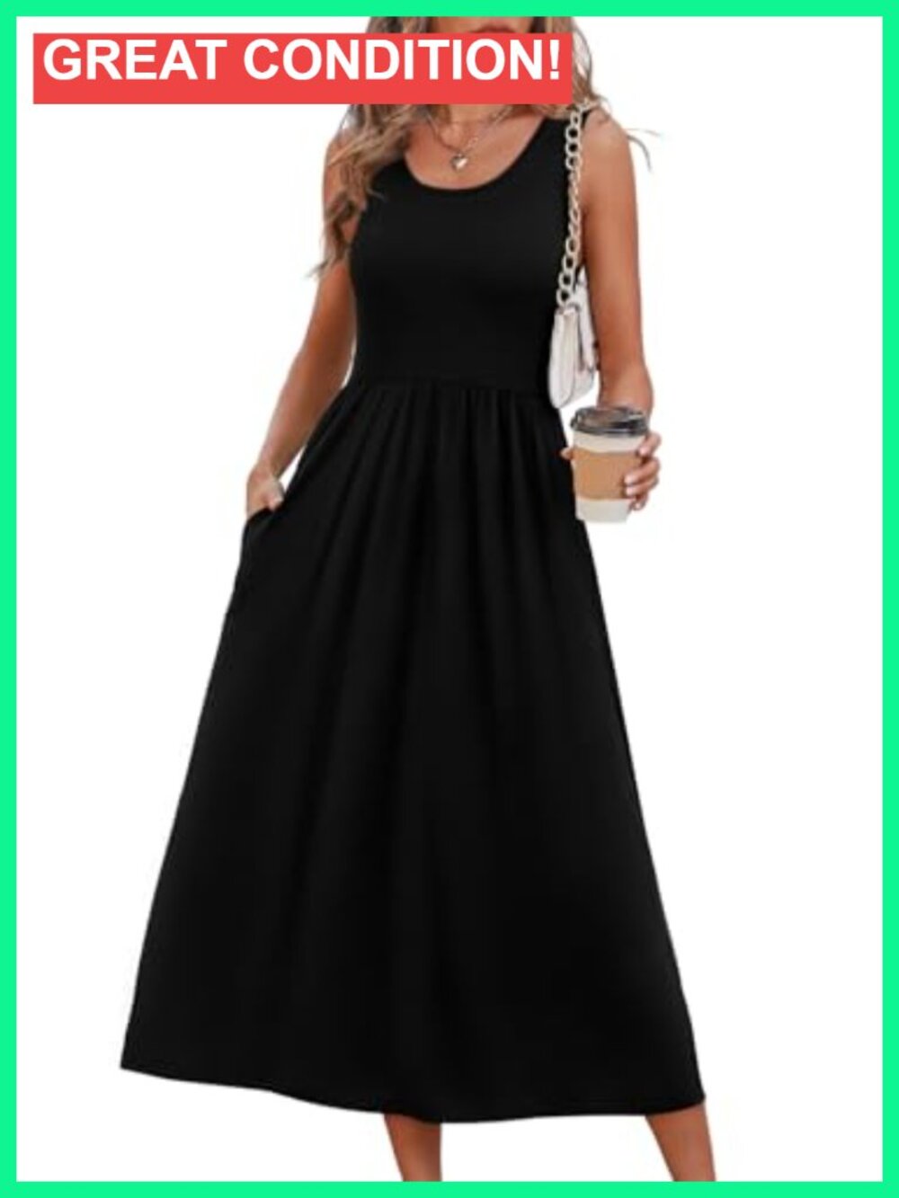 Flowy Scoop Neck Midi Dress with Pockets Casual Summer Tank Dress